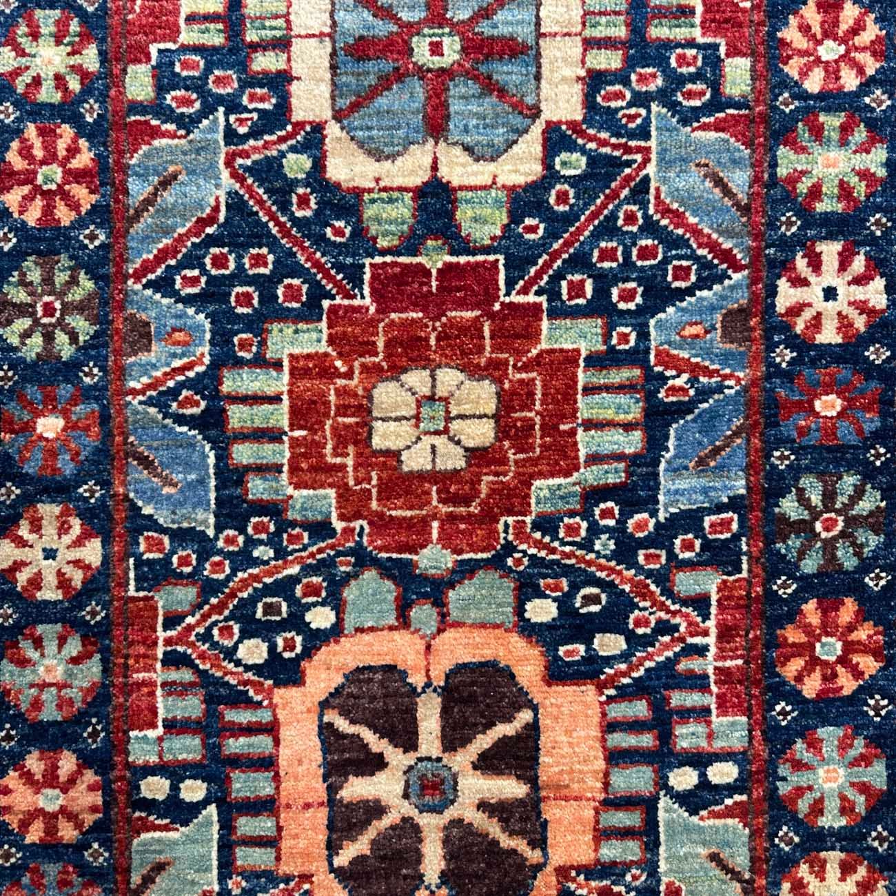 El Dokuma Mavi Afgan Kabile Yün Mini Halı (65x90 cm) - Görsel 2