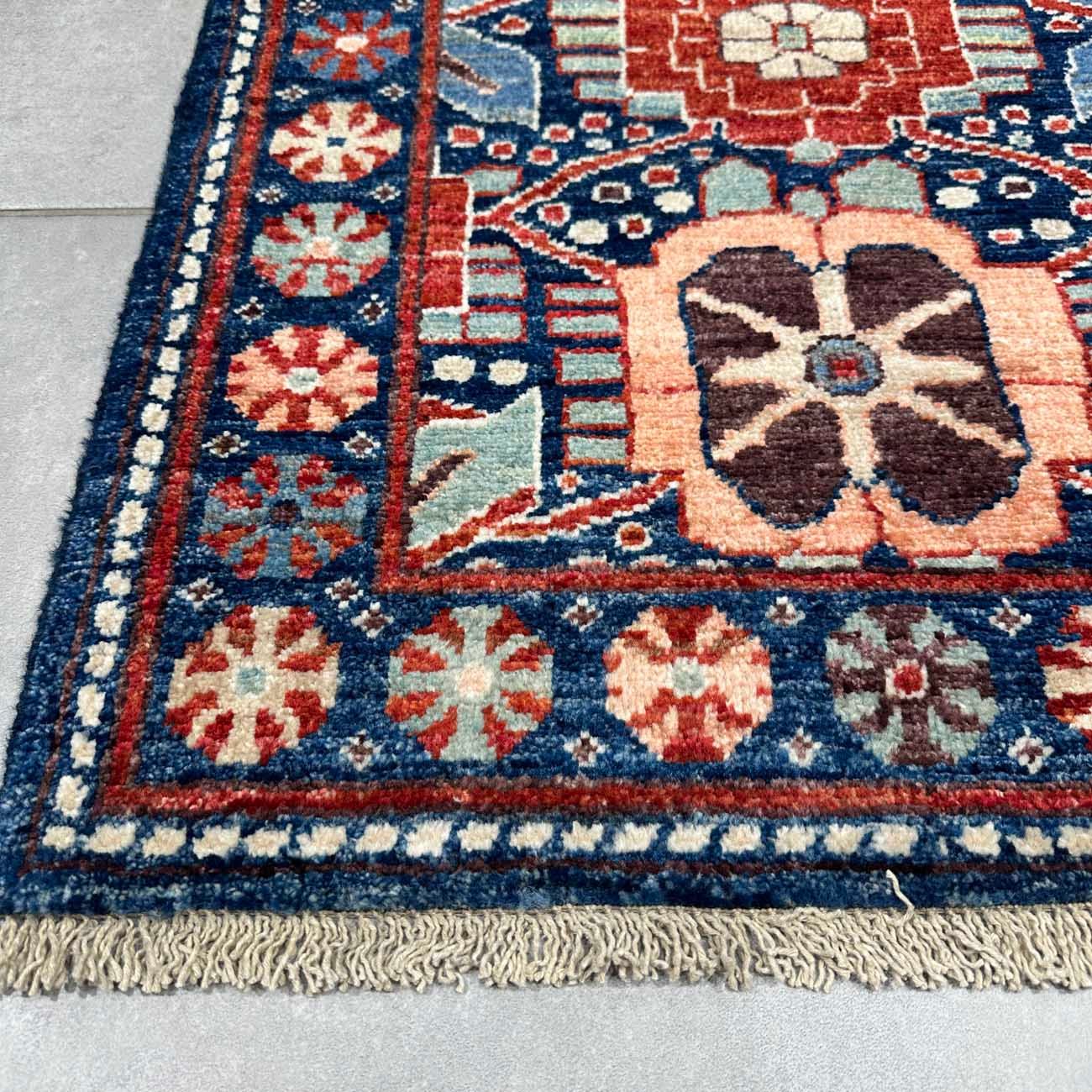 El Dokuma Mavi Afgan Kabile Yün Mini Halı (65x90 cm) - Görsel 7