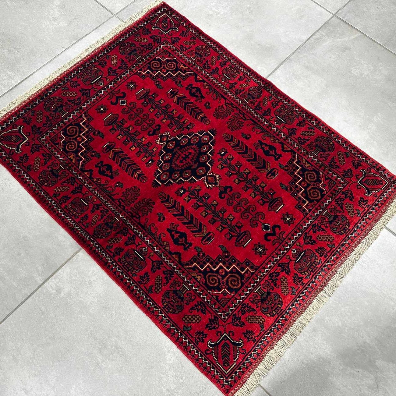 El Dokuma Kırmızı Afgan Yün Halı (85x110 cm) - Görsel 7