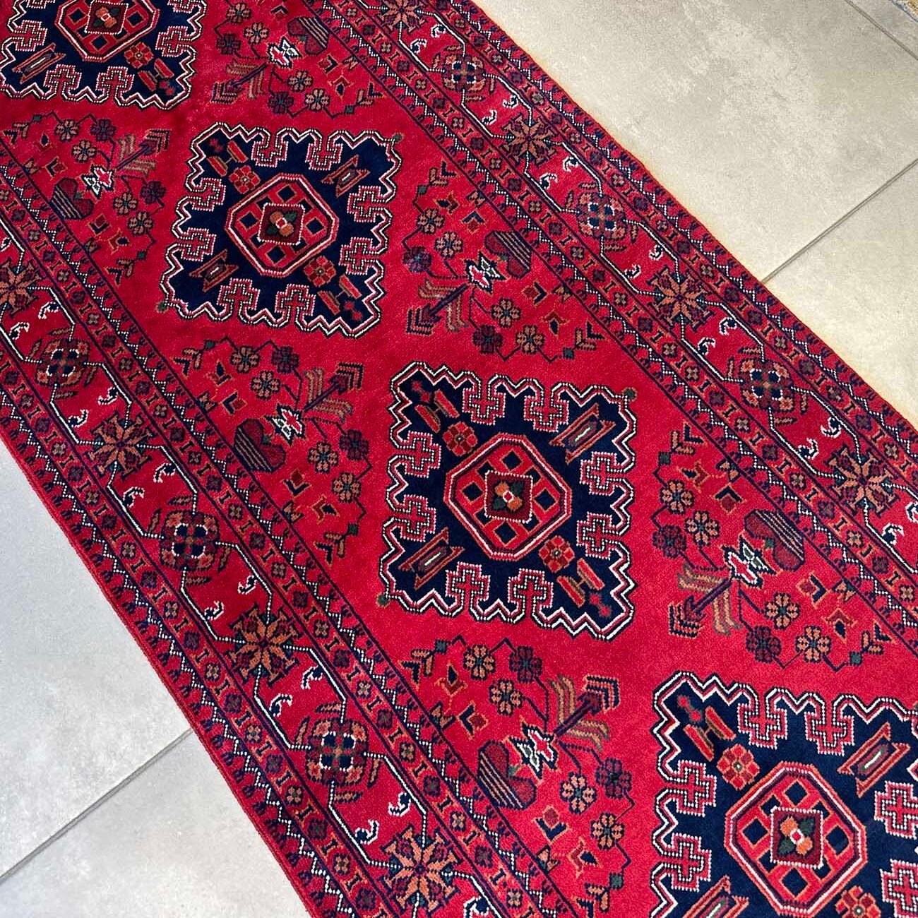 El Dokuma Kırmızı Afgan Yün Yolluk Halı (85x300 cm) - Görsel 7