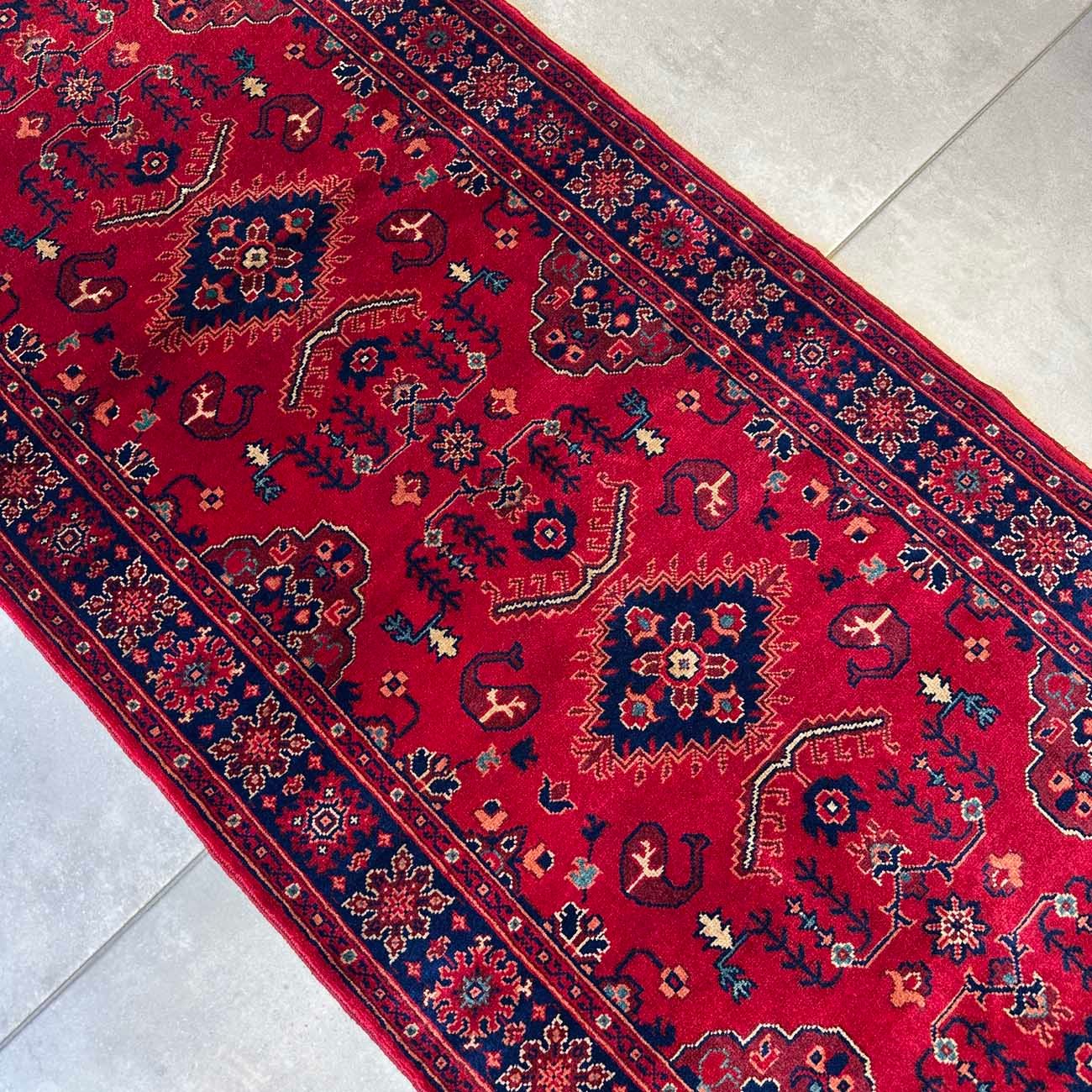 El Dokuma Kırmızı Afgan Yün Yolluk Halı (85x300 cm) - Görsel 6