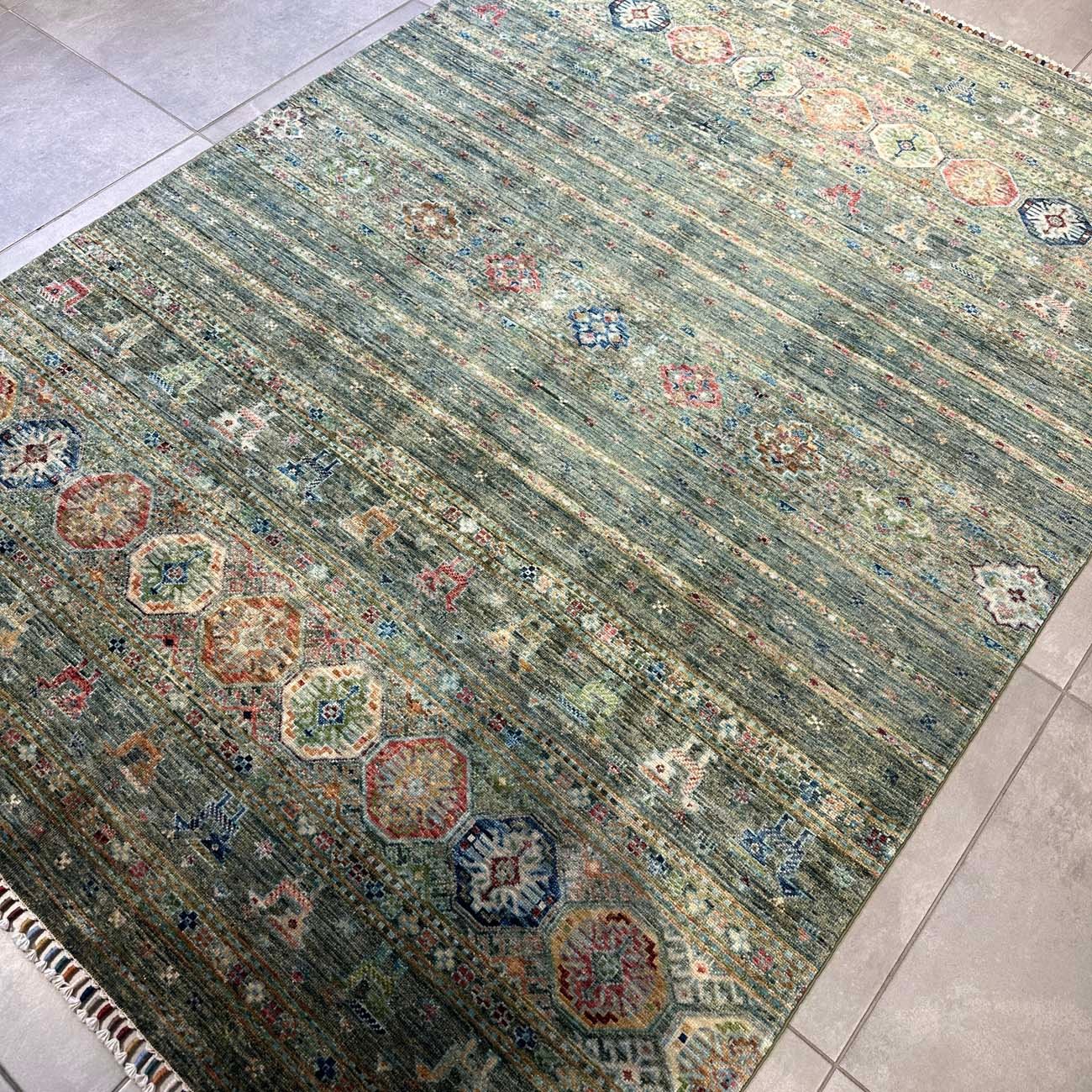 El Dokuma Yeşil Çizgili Horcin Kabile Yün Halı (170x240 cm) - Görsel 7