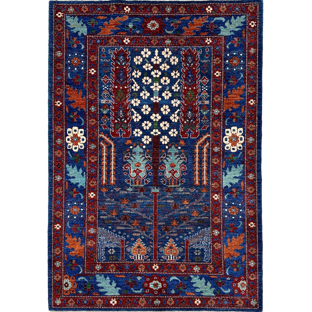 El Dokuma Mavi Ağaç Motifli Afgan Kabile Yün Halı (155x240 cm)