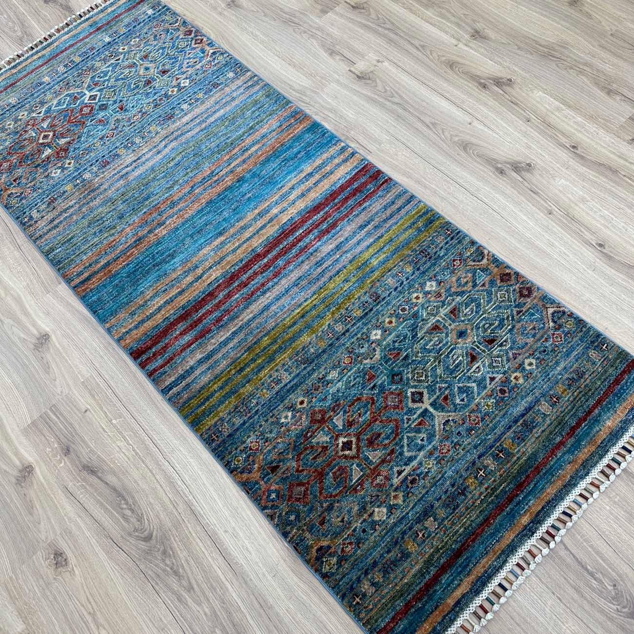 El Dokuma Mavi Bohem Horcin Yün Yolluk Halı (80x200 cm) - Görsel 6