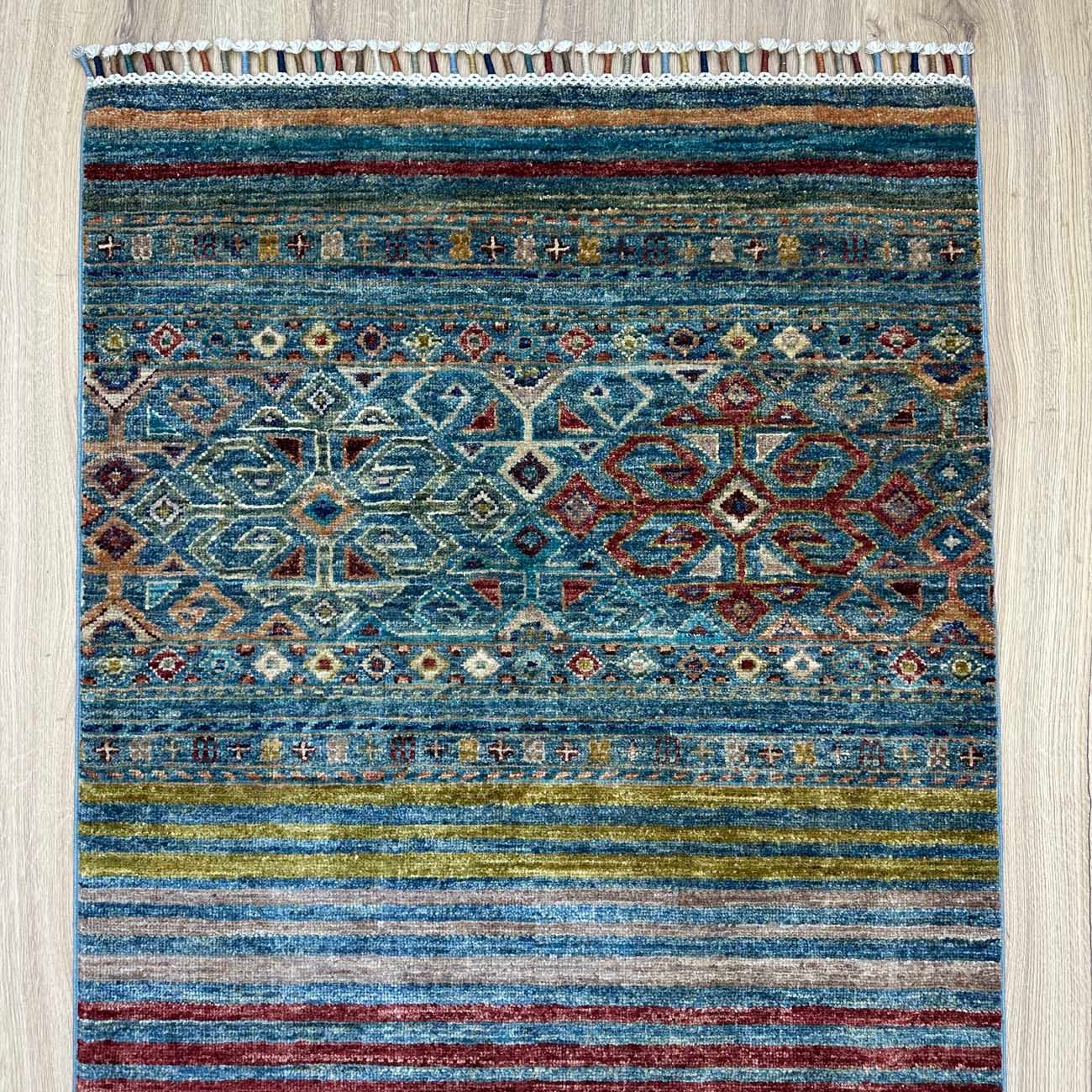 El Dokuma Mavi Bohem Horcin Yün Yolluk Halı (80x200 cm) - Görsel 2