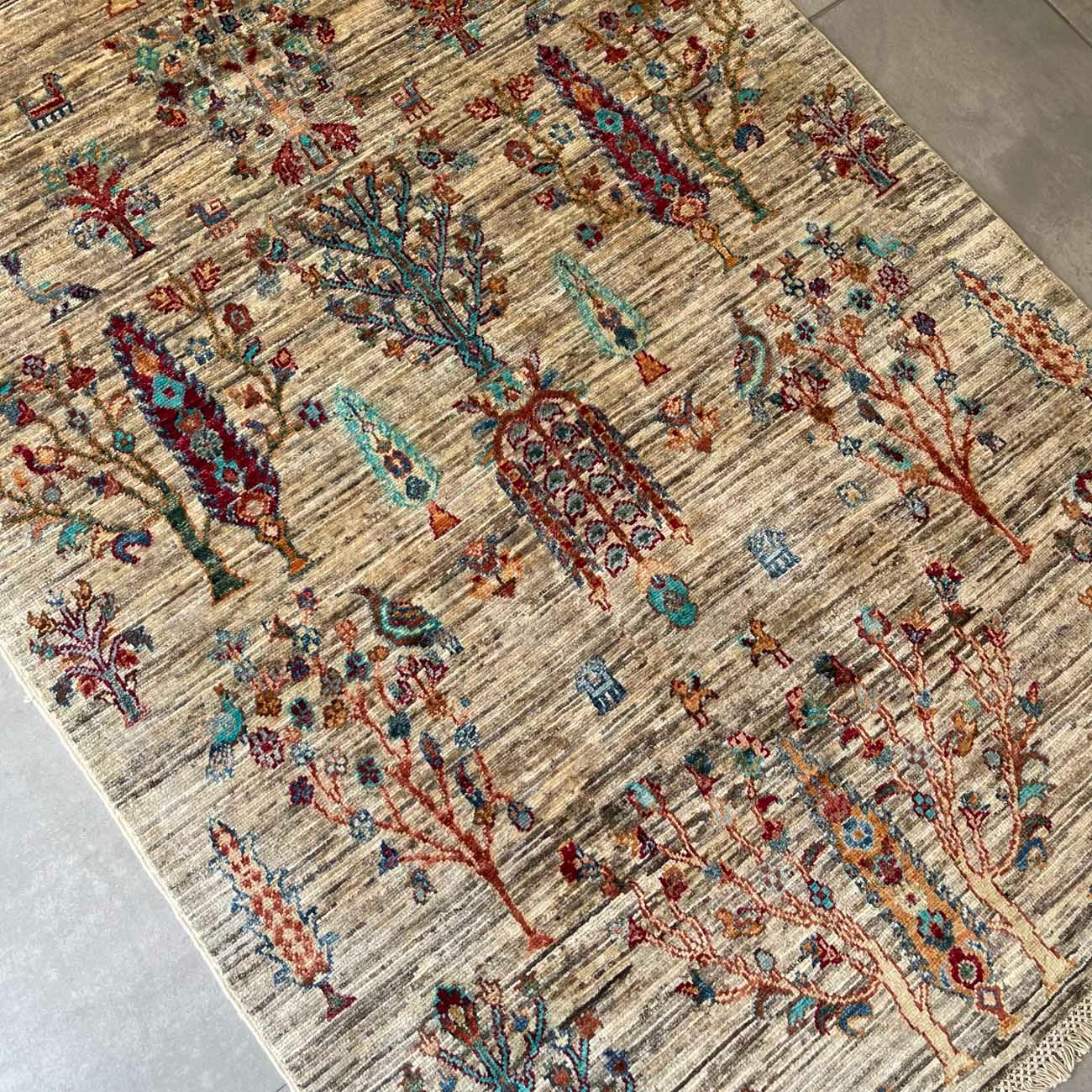 El Dokuma Bej Ağaç Motifli Kabile Yün Halı (120x180 cm) - Görsel 6