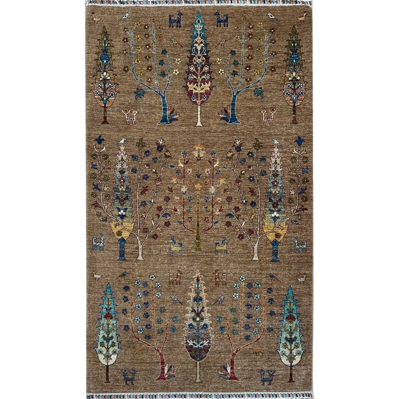 El Dokuma Ağaç Motifli Kabile Yün Halı (120x200 cm)