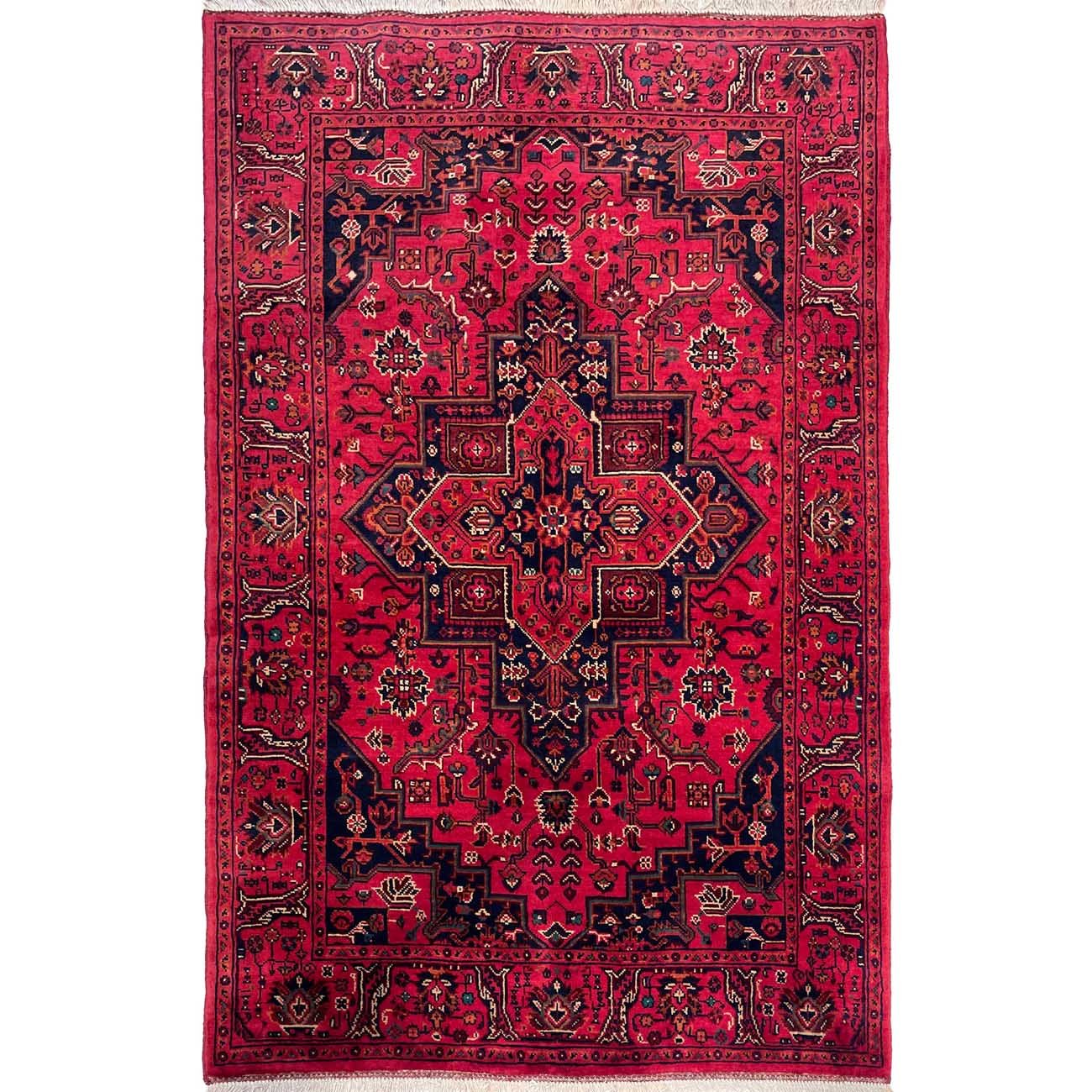 El Dokuma Kırmızı Madalyon Heris Yün Halı (100x160 cm)