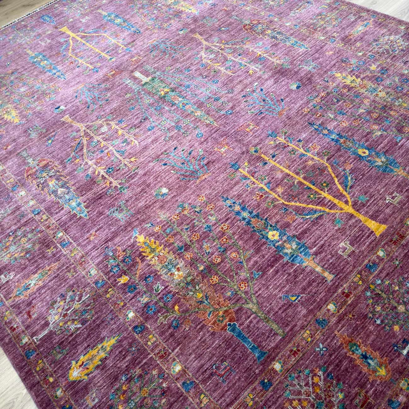 El Dokuma Mor Hayat Ağacı Yün Halı (250x310 cm) - Görsel 8