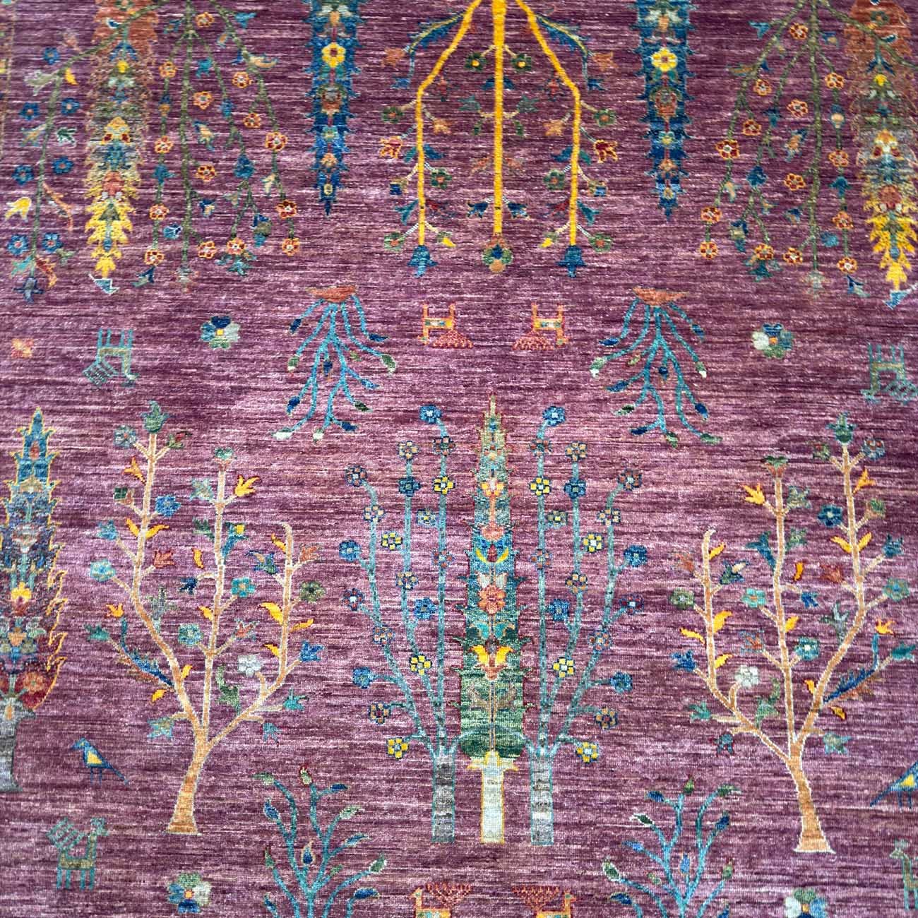 El Dokuma Mor Hayat Ağacı Yün Halı (250x310 cm) - Görsel 3
