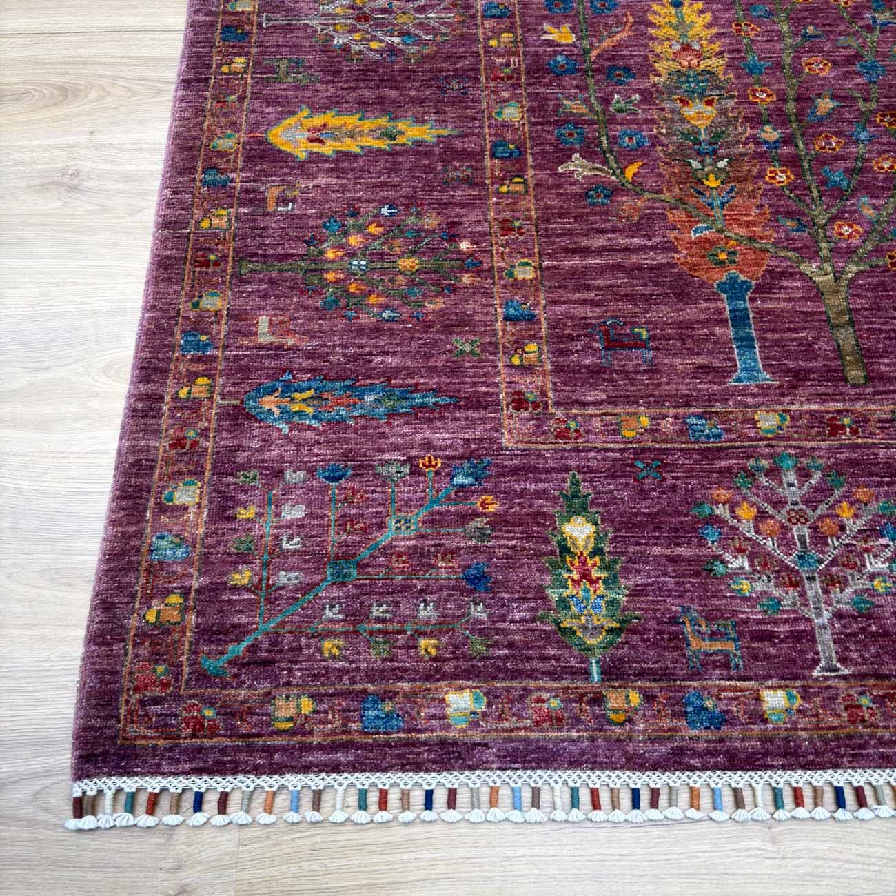 El Dokuma Mor Hayat Ağacı Yün Halı (250x310 cm) - Görsel 4
