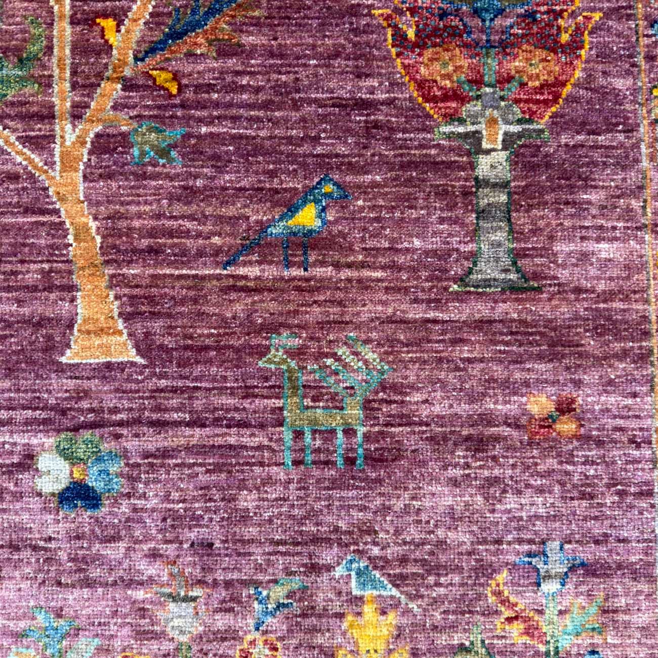 El Dokuma Mor Hayat Ağacı Yün Halı (250x310 cm) - Görsel 11
