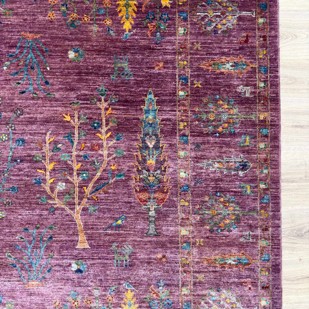 El Dokuma Mor Hayat Ağacı Yün Halı (250x310 cm) - Görsel 10