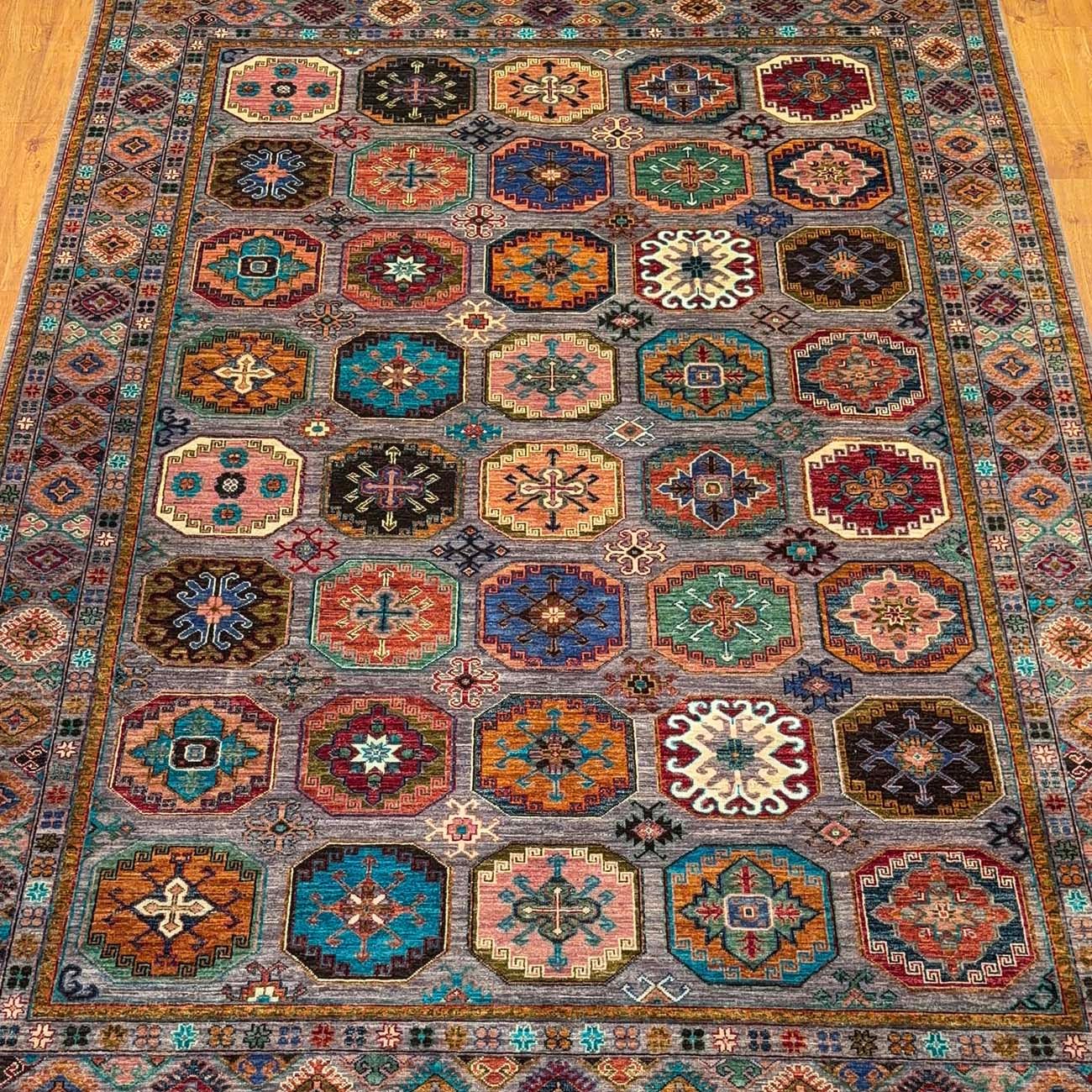 El Dokuma Gri Ersari Türkmen Yün Halı (210x295 cm) - Görsel 3