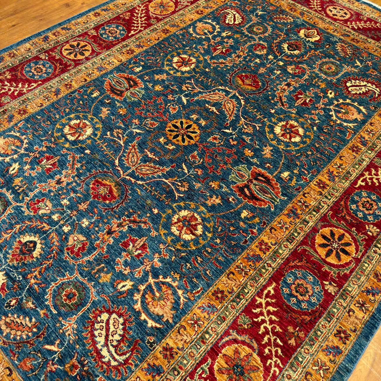 El Dokuma Mavi Floral Uşak Yün Halı (210x310 cm) - Görsel 8