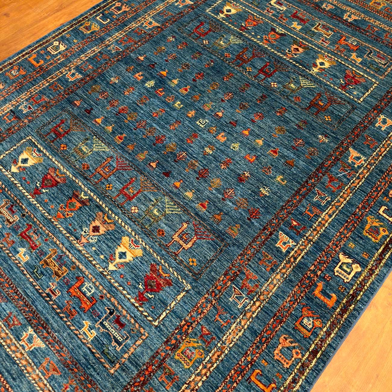 El Dokuma Mavi Figürlü Afgan Kabile Yün Halı (170x245 cm) - Görsel 8