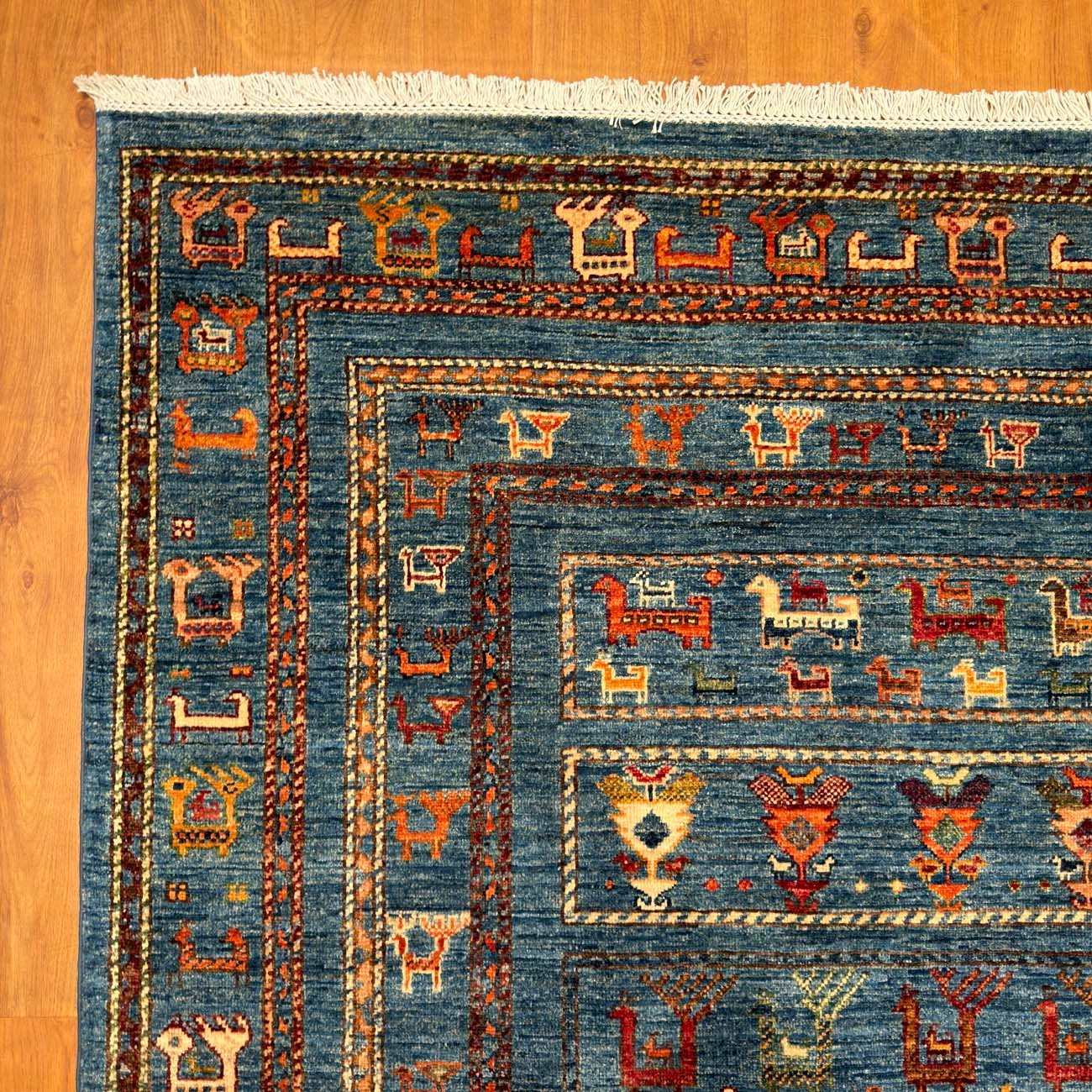 El Dokuma Mavi Figürlü Afgan Kabile Yün Halı (170x245 cm) - Görsel 4