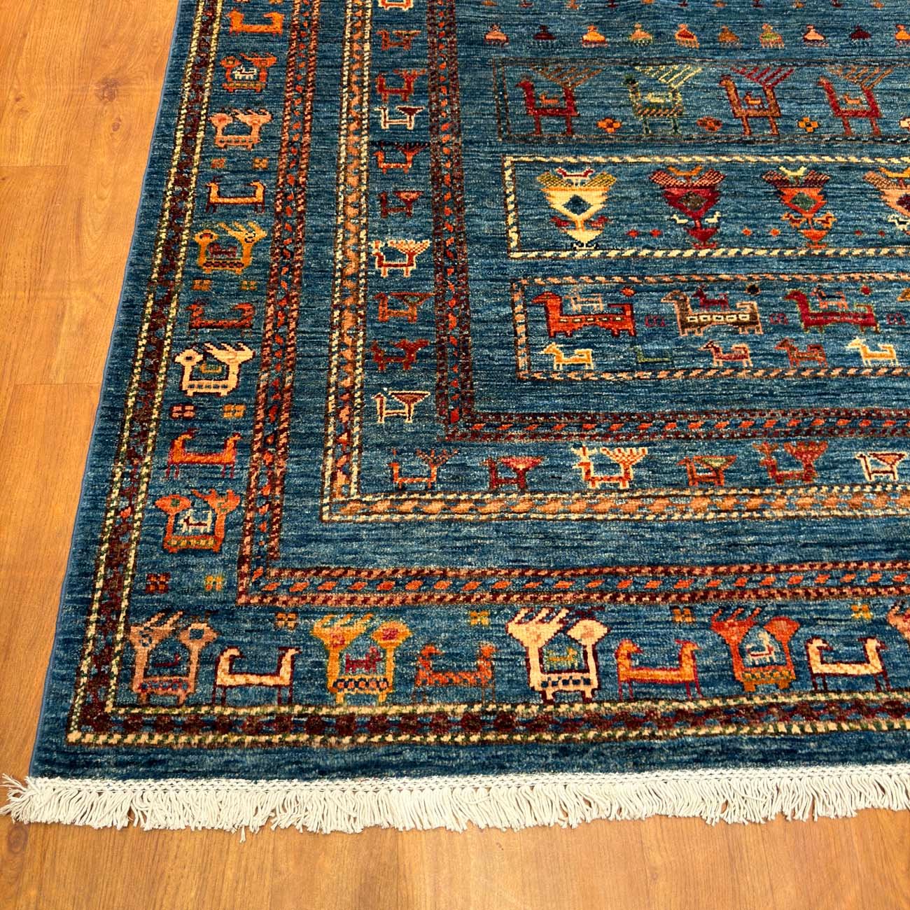 El Dokuma Mavi Figürlü Afgan Kabile Yün Halı (170x245 cm) - Görsel 9