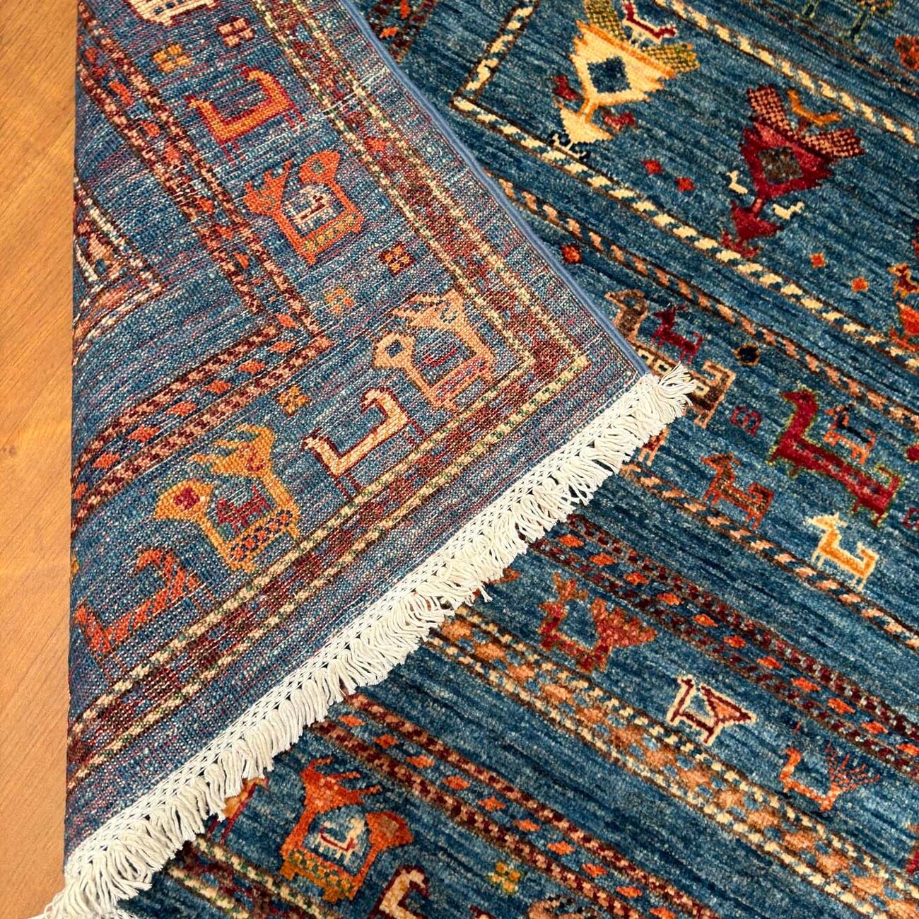 El Dokuma Mavi Figürlü Afgan Kabile Yün Halı (170x245 cm) - Görsel 6