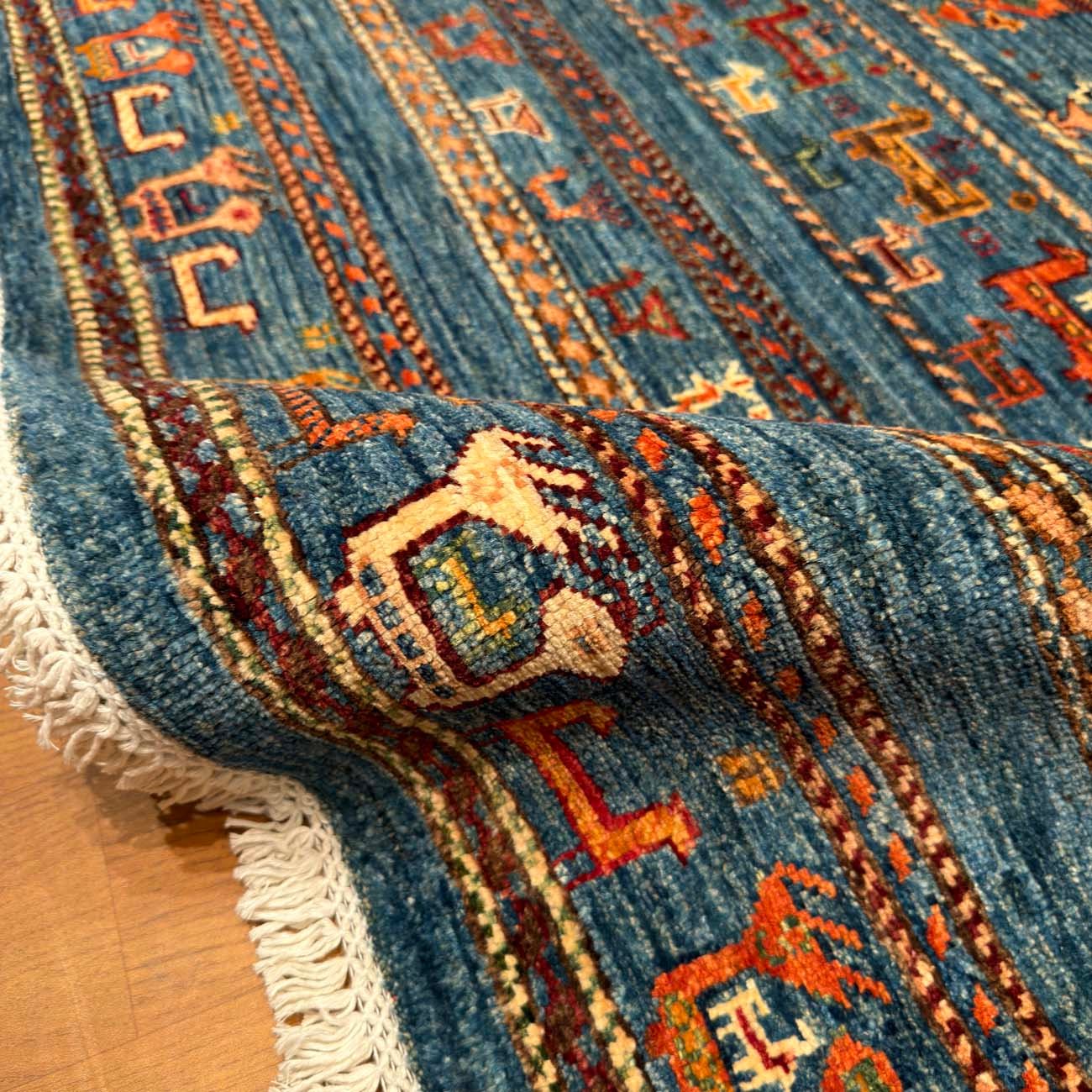 El Dokuma Mavi Figürlü Afgan Kabile Yün Halı (170x245 cm) - Görsel 5