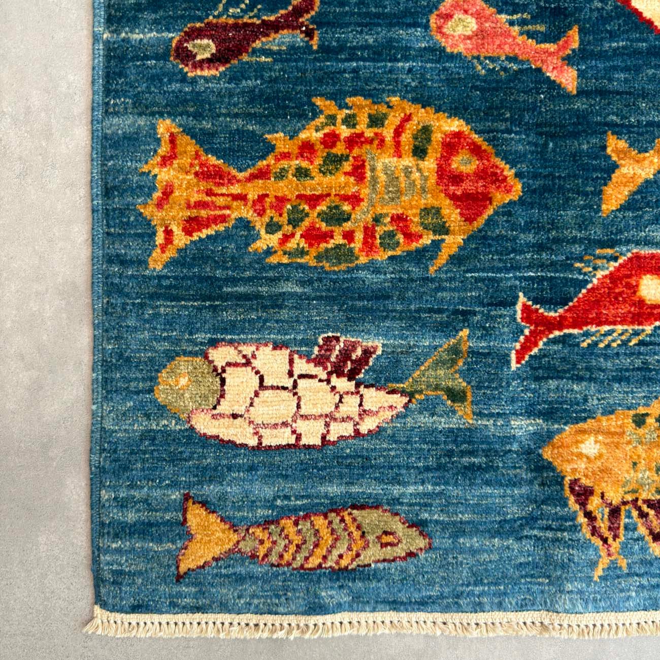 El Dokuma Balık Desenli Kabile Yün Halı (60x95 cm) - Görsel 6