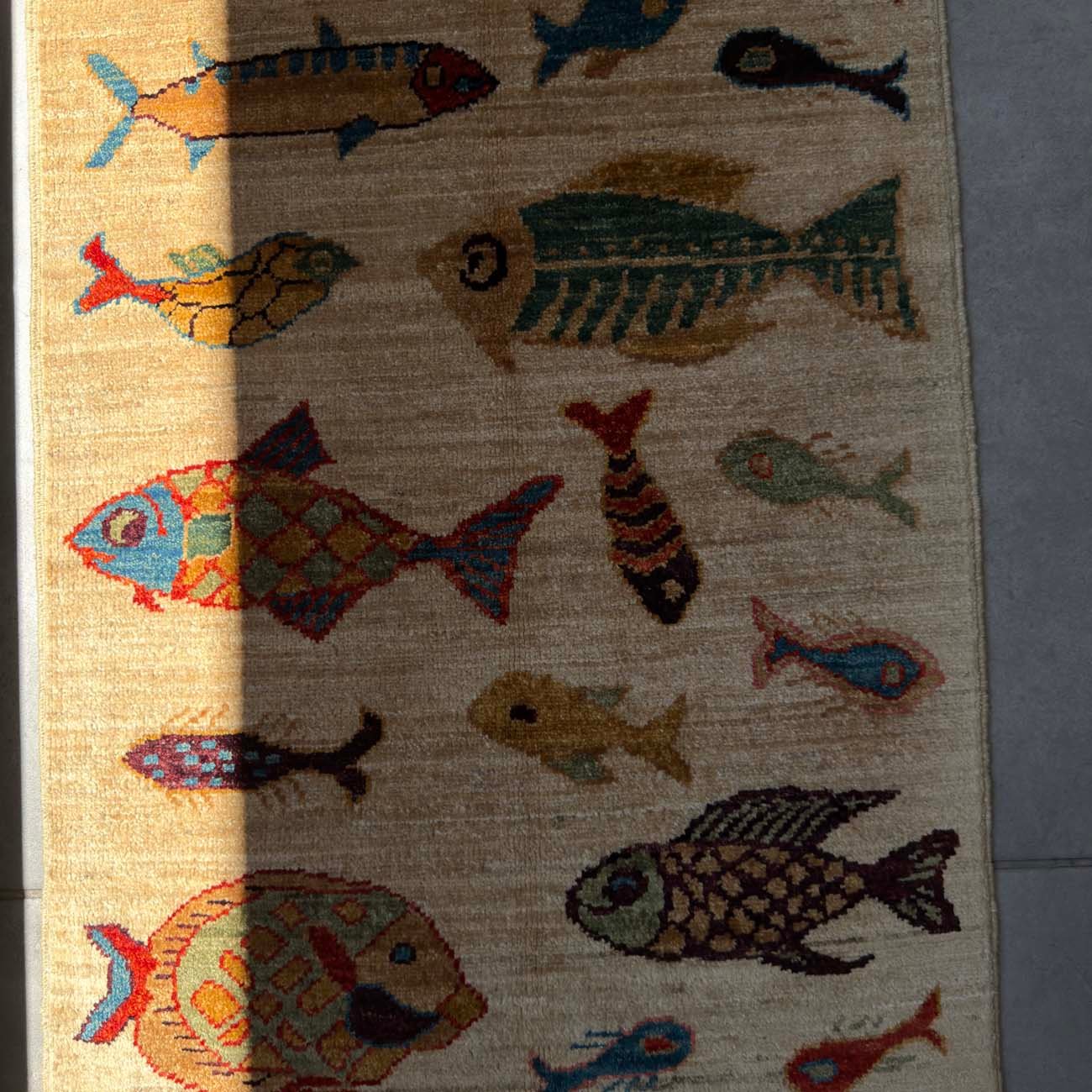 El Dokuma Balık Desenli Kabile Yün Halı (60x90 cm) - Görsel 3