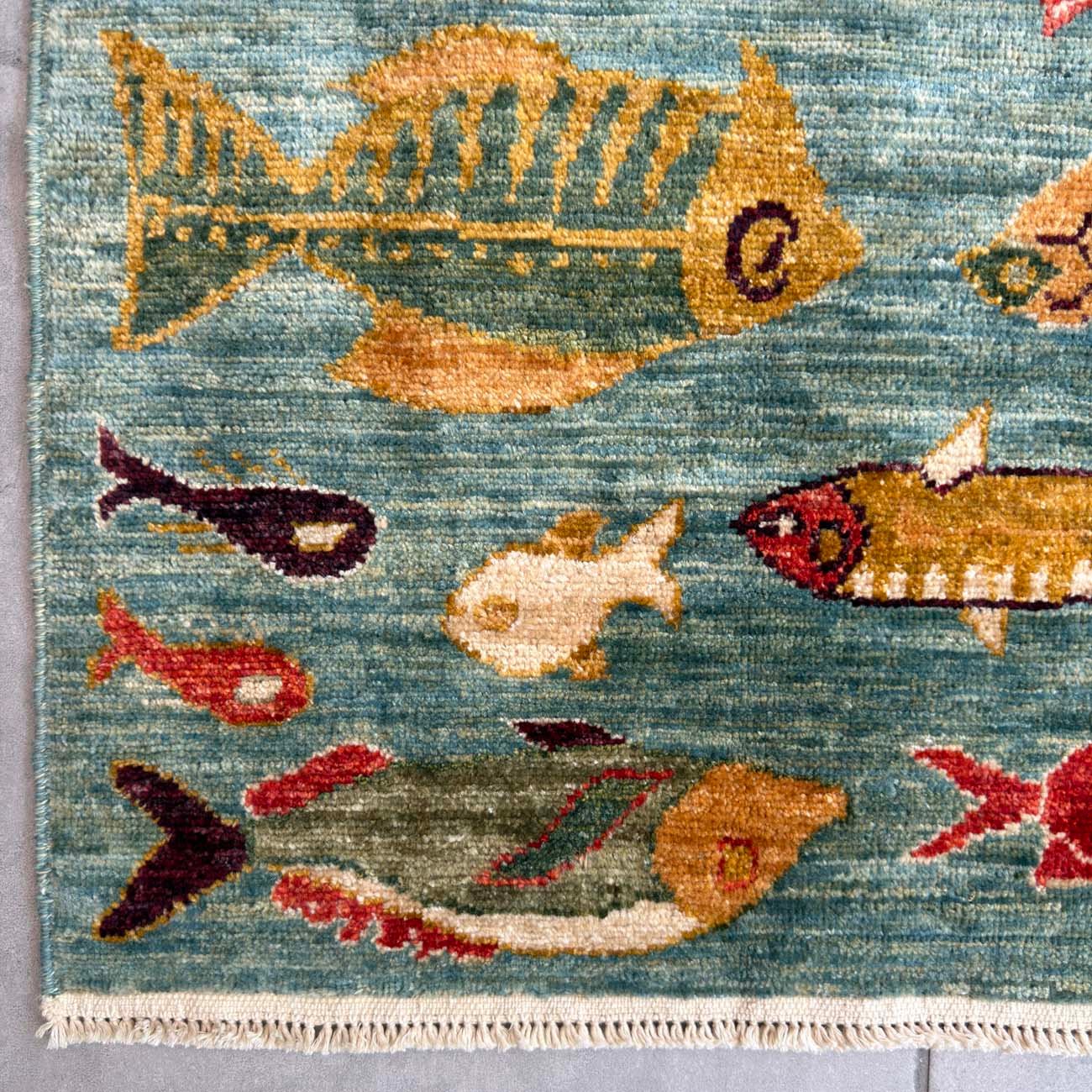 El Dokuma Balık Desenli Kabile Yün Halı (60x90 cm) - Görsel 3