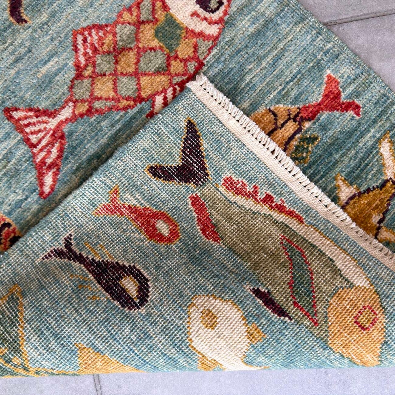 El Dokuma Balık Desenli Kabile Yün Halı (60x90 cm) - Görsel 5